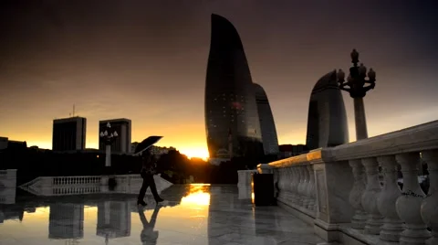 Rainy sunset on the background Flame Towers Stockbeeldmateriaal 62394950