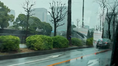 Rainy Tokyo Street View Through Car Window With Water Drops Stock Footage 335103293