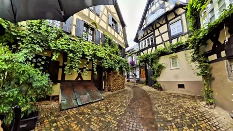 Rainy Walk Through Historic Half-Timbered Alley Stock Footage 344571091