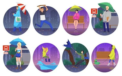 Rainy weather characters in circle frames cartoon vector illustration isolated. Stock-Illustration