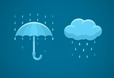 Rainy weather flat icons with cloud rain drops and umbrella Stock Illustration