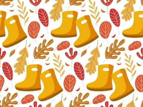 Rainy weather. Seamless pattern with Bright yellow boots and autumnal falling Illustrazione stock