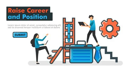 Raise Career and Position vector line illustration. People who try to raise t Stock Illustration