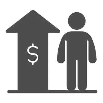 Raise employee salary income solid icon. Upward arrow with dollar and person Stock Illustration