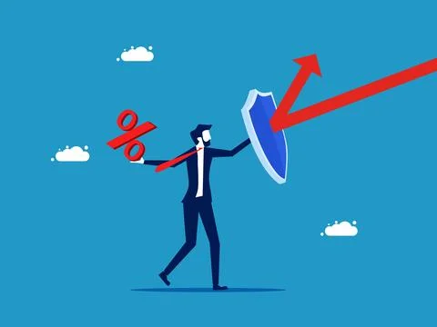 Raise interest rates to prevent the bubble crisis. Businessman holding shield Illustrazione stock