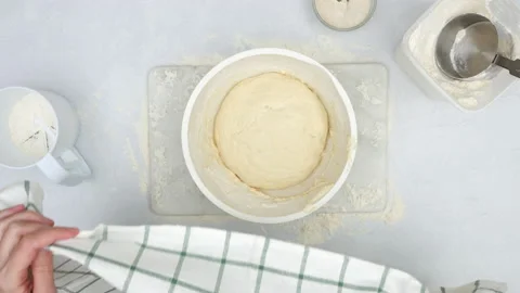  Raised bread dough in a bowl. Close up baking process, flat lay Stock Footage 145784659