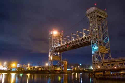 Raised double-deck drawbridge at night 스톡 사진