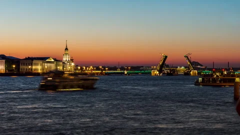 Raised Dvortsovy Bridge During the Night, Petersburg Stock Footage 160410061