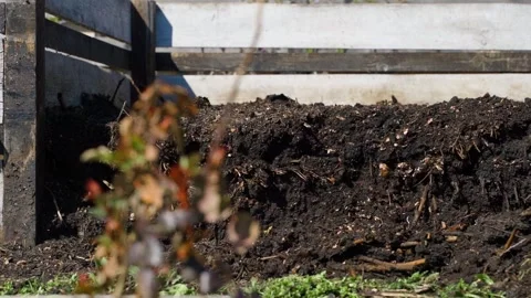 Raised garden bed filled with dark compost soil in spring Vídeos de archivo 341747857
