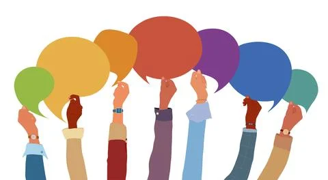 Raised hand multicultural group with speech bubble diversity inclusion Stock Illustration