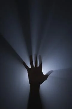 Raised hand. Source of bright light behind the hand Stock-Fotos