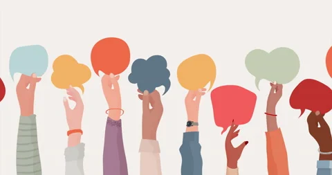 Raised hands and arms of group of multiethnic people holding speech bubble. Team Stock Footage 149698453