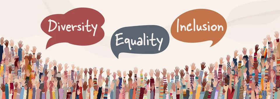 Raised hands with bubbles with text --Diversity - Equality - Inclusion Stock Illustration