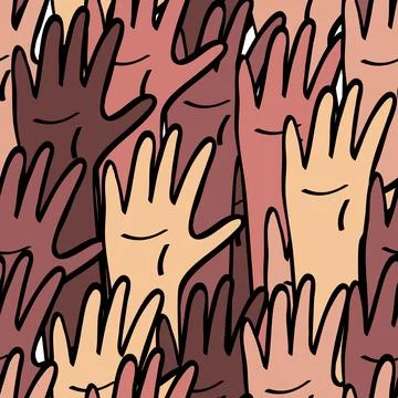 Raised hands different skin colour seamless pattern. Equality and diversity, Stock Illustration
