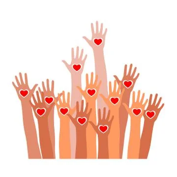 Raised hands with heart icon. Multi color hands raised up waiting for help Stock Illustration