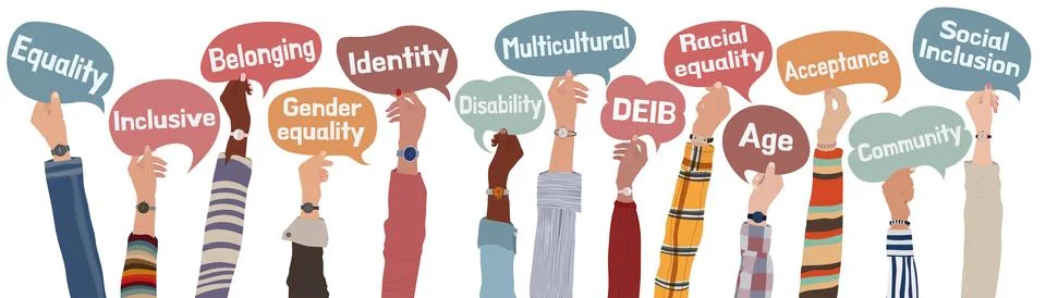 Raised hands holding speech bubbles with words expressing the concept of DEIB Stock Illustration