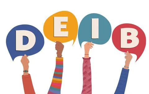Raised hands holding speech bubbles with DEIB text for diversity and inclusion Stock Illustration