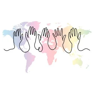 Raised hands on rainbow colored world map background. Continuous line art Stock Illustration