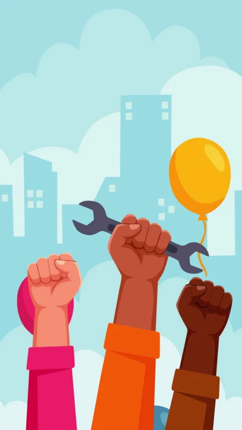 Raised Hands with Tools Celebrating Labor Day Unity 스톡 동영상 331975548