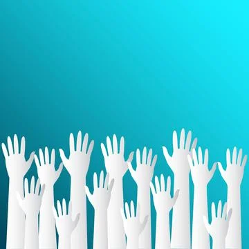 Raised hands up on a turquoise background. Design for banner, postcard, backg Illustrazione stock