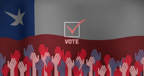 Raised hands in various colors with VOTE text on flag animation background Stock Footage 305058302