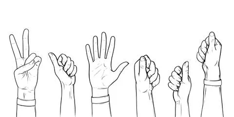 Raised hands voting and ready to help and fight. Arms up concept. Vector Stock Illustration