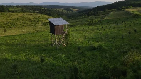 Raised hide high stand for animal hunt observation drone aerial view Stock Footage 244542182