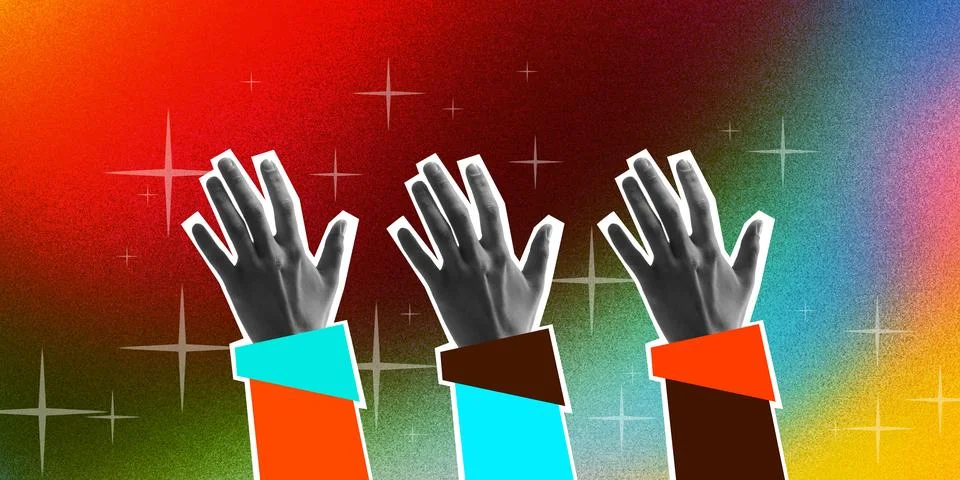 Raised human hands over gradient colorful background. People attending concert Ilustração Stock