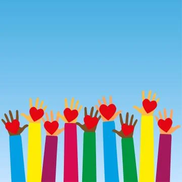 Raised human hands with red hearts. Concept of charity, volunteerism and dona Stock Illustration