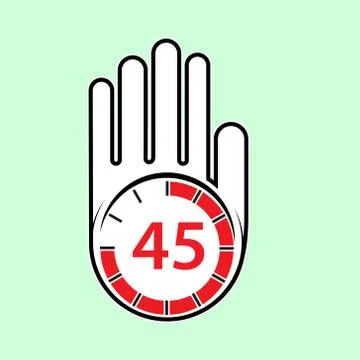 Raised, open hand with a watch on it. Time for rest or break, pause. 45 minut Stock Illustration