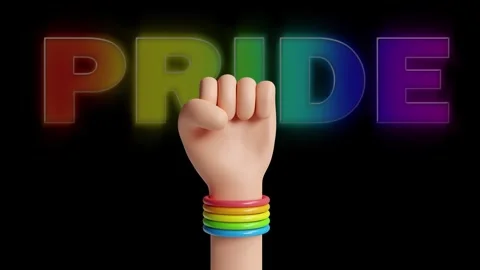 Raised Solidarity Hand with Rainbow Bracelets Under Neon Pride Text. Stock Footage 340283490