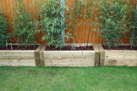 Raised vegetable, flower bed, made with Railway sleepers. Bamboo screening Stock Photos