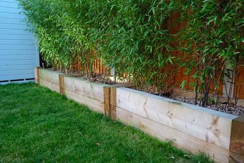 Raised vegetable, flower bed, made with Railway sleepers. Bamboo screening Stock Photos