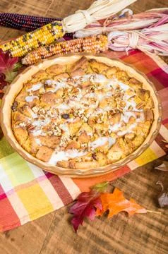 Raisin bread pudding desert with fall decorations 스톡 사진