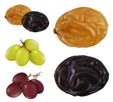Raisin, dried grape. 3d realistic vector icon set Stock Illustration