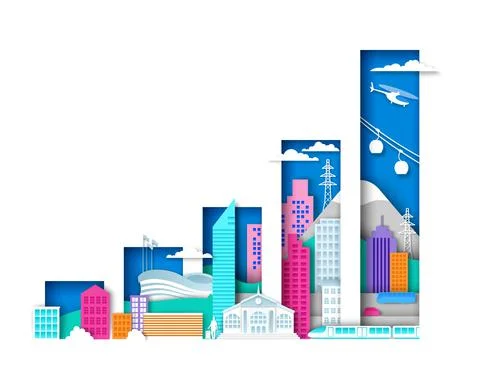 Raising bar graph with city elements, urban landscape.Vector illustration in Stock Illustration