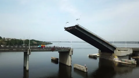 Raising the bridge over the river for the passage of cargo ships. Stock Footage 196383036