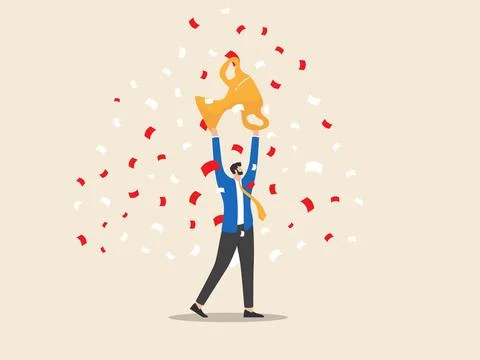 Raising a flag above a trophy, symbolizing success Stock Illustration