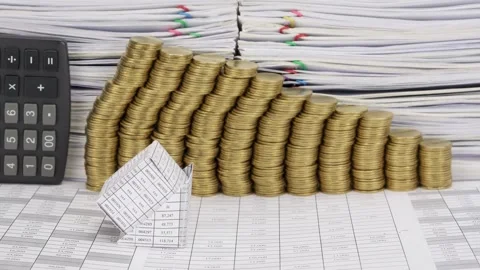 Raising of Golden Coins Stacks Background &amp; Growth Coins Chart Infographics Video stock 334028792