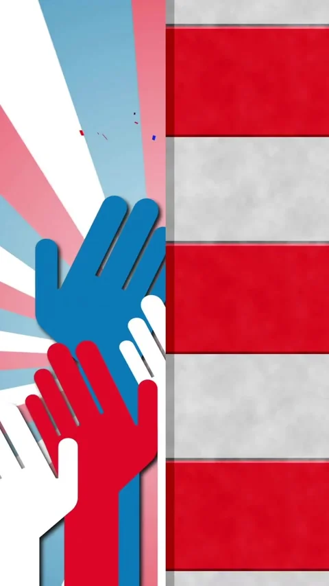 Raising hands in red, white, and blue over American flag animation 스톡 동영상 344803519