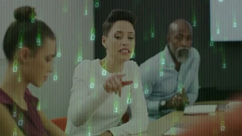 Raising palms initiating binary overlay, team lead explaining tech idea and Stock Footage 330587815