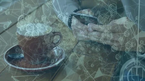Raising smartphone, man's hands tapping and swiping at table, cup, schematic Stock Footage 332867050