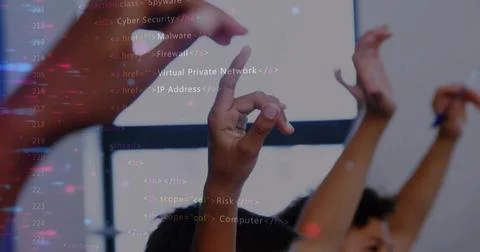Raising three hands during IT training session, with code on projection screen 스톡 사진