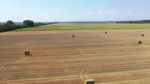 Raising turnaround view of harvested fields and large fish ponds built on river Stock Footage 137438023