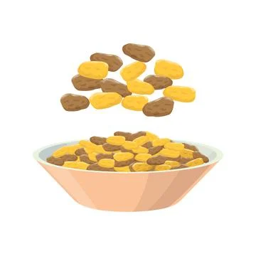 Raisins from different grapes in dish. Grape product, vector illustration Stock Illustration