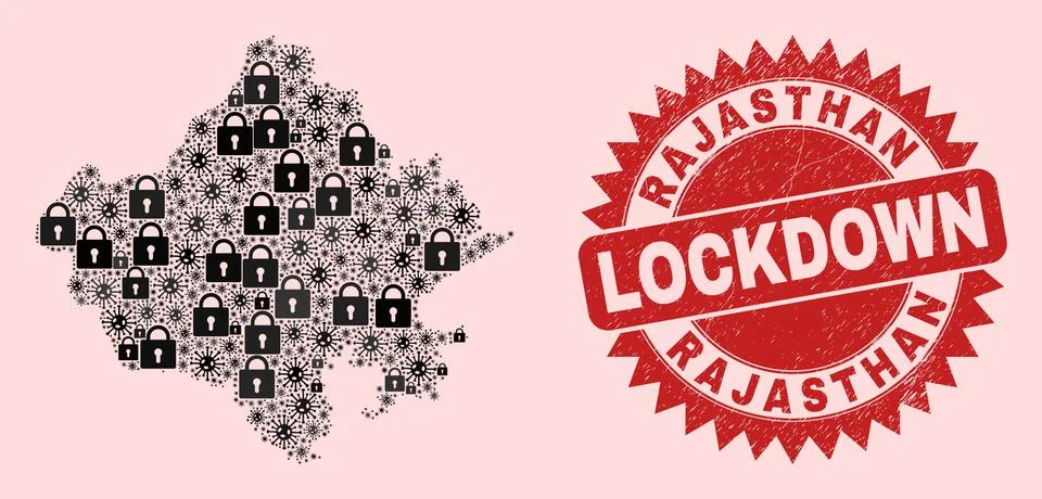 Rajasthan State Map Collage of Locks and Coronaviruses and Scratched Lockdown Stock Illustration