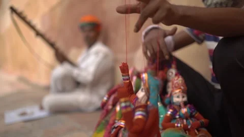 Rajasthani Puppet Show with Live Folk Music Near Amer Fort, Jaipur, India Stock Footage 312947509