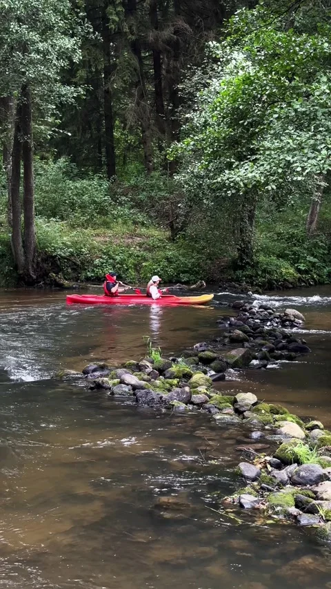Rakau Belarus August 15 2026 Couple on red kayak passing rocky water rapid .. Stock Footage 343260747