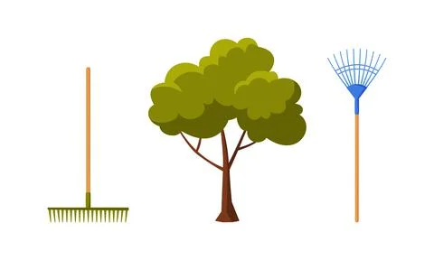 Rake with Handle as Garden Tools and Tree Vector Set Illustrazione stock