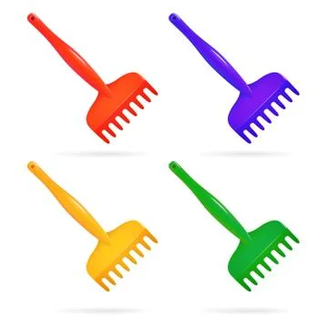 Rake. Toy for child. Set of plastic rake red yellow green blue. Isolated object Stock Illustration